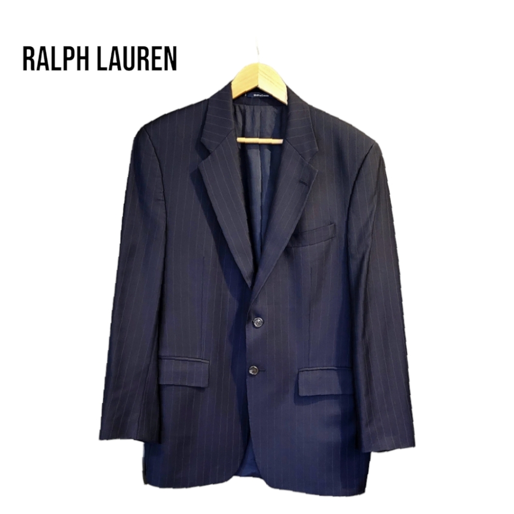 RALPH LAUREN, 39R VINTAGE BLAZER NAVY PINSTRIPED WOOL